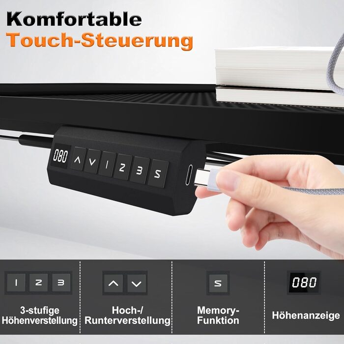 Стіл з електричним регулюванням висоти 160x60 см, карбонова поверхня та порт зарядки Type-C, ігровий стіл з функцією пам&39яті, робоча станція для ПК, стіл для роботи сидячи та стоячи, офісний стіл, чорний 160x60 см чорний