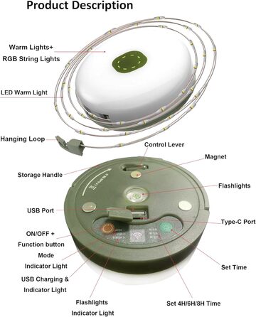 Кемпінгові гірлянди, висувні, портативні акумуляторні світлодіодні гірлянди 3-в-1 з 8 режимами освітлення, водонепроникний кемпінговий ліхтарик для кемпінгу, подвір&39я та походів, USB 1800 мАг, теплий білий RGB, 10 м
