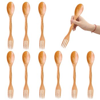 Багаторазових дерев&39яних ложок (21 см), виделка та ложка 2-в-1 з довгою ручкою, легкий комбінований посуд для подорожей, дерев&39яні дорожні столові прибори для походів та туризму, 10