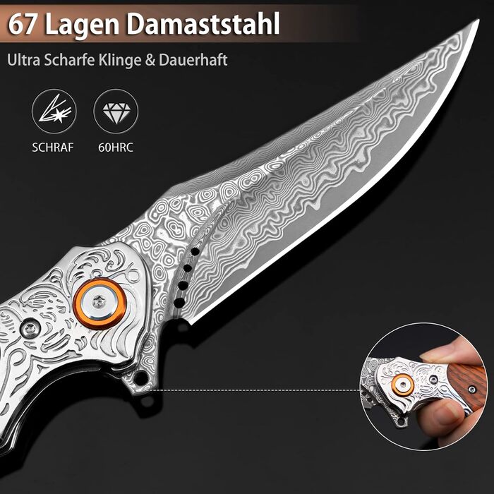 Кишеньковий ніж LOTHAR TUNA, дамаський складаний ніж з 67 шарів дамаської сталі VG10, дамаський кишеньковий ніж з гострим лезом і