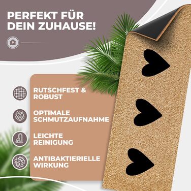 Кокосовий килимок для дверей 75x25 см з чорними сердечками Надзвичайно міцний та нековзний кокосовий килимок Для використання всередині та на вулиці Ідеально підходить як вузький пилозбірник та килимок для входу 3 сердечка, чорний, 75 x 25 см