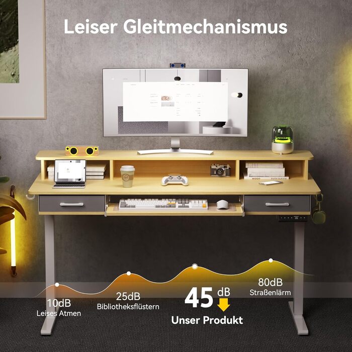 Електричний стіл з регульованою висотою та підставкою для клавіатури, 140x60 см, з 2 шухлядами, комп&39ютерний стіл з підставкою для монітора для домашнього офісу, дуб, 140 x 60 см з підставкою для клавіатури