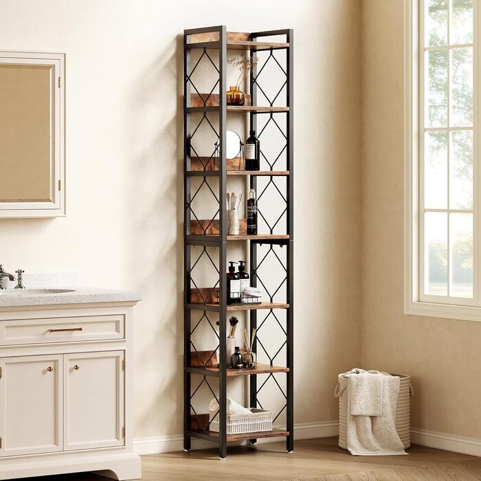 Ярусна книжкова полиця LITTLE TREE, полиця на одному місці, окремостояча полиця, вітальня, спальня, кабінет, 35 x 35 x 200 см, промисловий дизайн, вінтажний коричнево-чорний, 7-