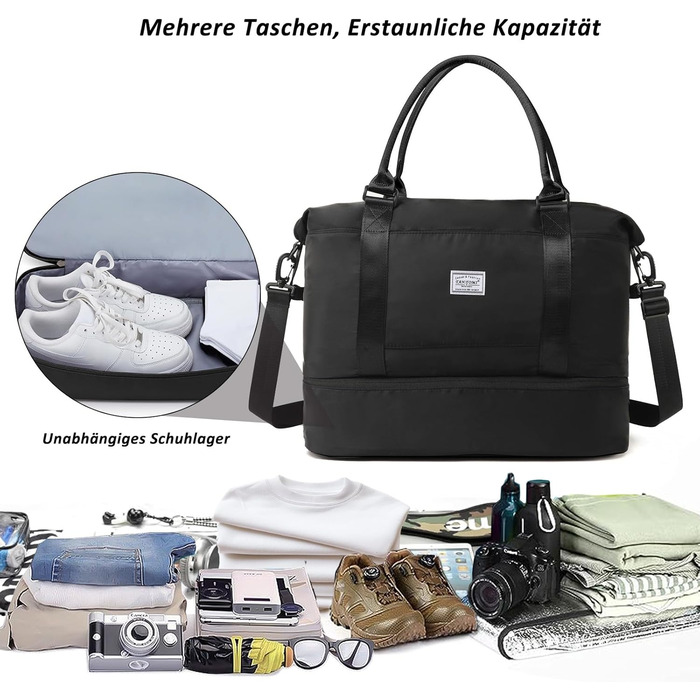 Дорожня сумка TANTOMI Ручна поклажа, Жіноча спортивна сумка, 46x23x32 см, Сумка для ручної поклажі, Сумка на вихідні, Водонепроникна дорожня сумка, Сумка для тренувань, Сумка для лікарні, Сумка для народження, Підходить для відпочинку, Кемпінгу, Чорна 1-2
