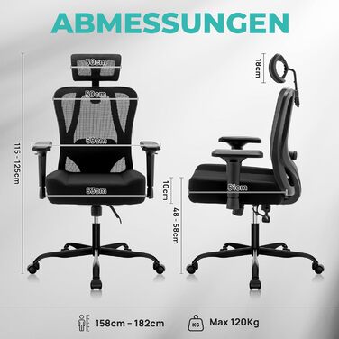 Ергономічне офісне крісло, обертове крісло з функцією гойдання, офісне крісло з регульованим підголівником, 2D підлокітники, крісло керівника з сітки, поперекова підтримка, функція гойдання 90-125, вантажопідйомність 120 кг Black-1