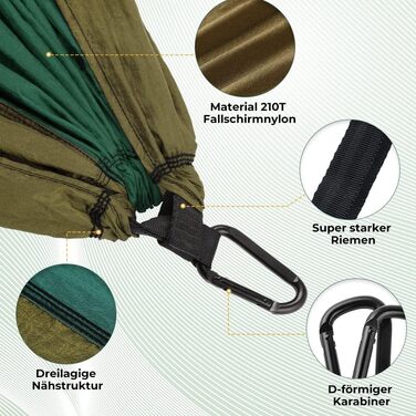 Ультралегкий гамак для подорожей Glymnis з підвісними тросами та сталевими карабінами, вантажопідйомність до 300 кг