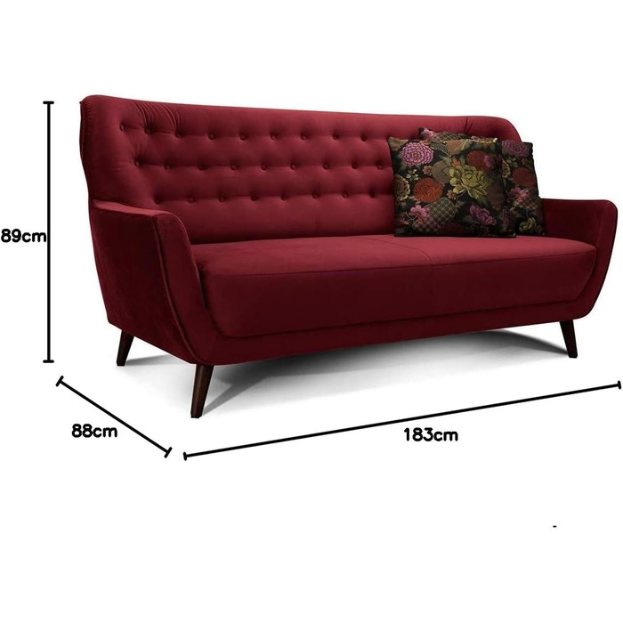 Місний диван Abby / Ретро-диван під оксамит з ґудзиками / 183 x 89 x 88 / Під оксамит, колір Riviera Red 3-місний, 3-