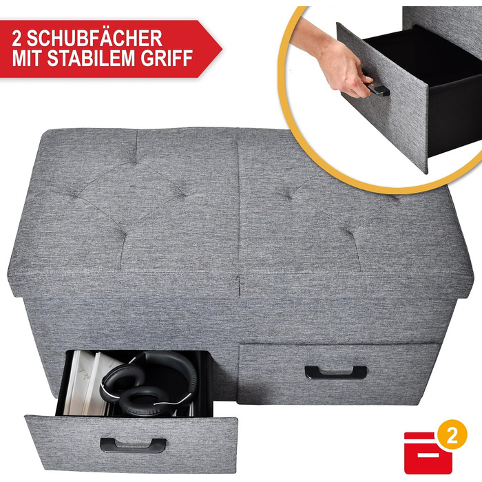 Лавка для зберігання речей - з практичним місцем для зберігання речей - кришка на петлях та шухляди - коробка для зберігання сірого кольору - м&39яка - ідеальні меблі для вітальні, коридору тощо (2 шухляди)