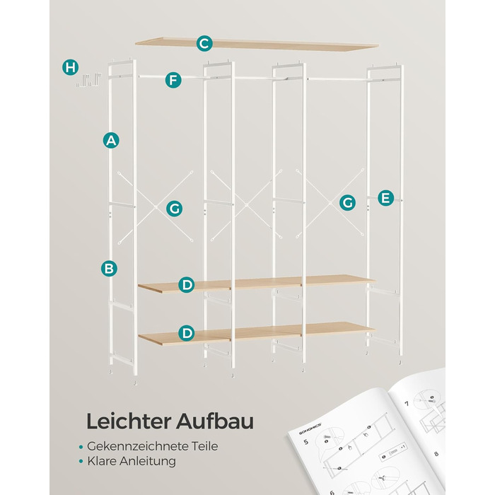 Відкрита шафа, вішалка для одягу, вішалка для пальто, шафа з рейкою для одягу, полиці, знімні гачки, 40 x 141 x 180 см, натуральний бежевий RGR005W67 Натуральний бежевий 40 x 141 x 180 см