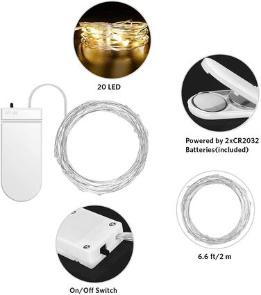 Світлодіодна батарея казкових вогнів, 12x20 мікро світлодіодів міні казкові вогні мідного дроту, що працюють від батареї, 2M DIY м