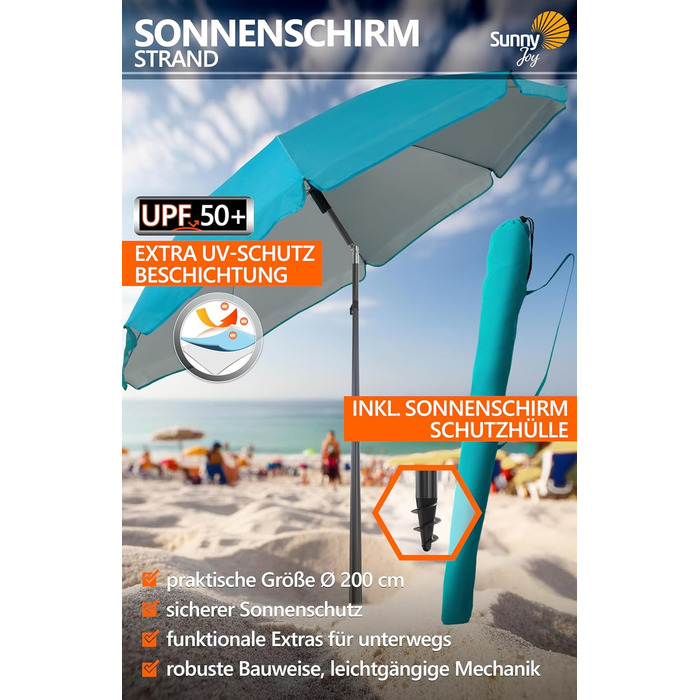 Пляжна парасолька 4smile SunnyJoy, бірюзовий колір - пляжна парасолька UPF 50 Ø 200 см, надійний захист від сонця, вітронепроникна та стійка - парасолька із захисним чохлом, комплект із 2 шт. - 1 x парасолька чохол Ø 200 см, бірюзовий колір
