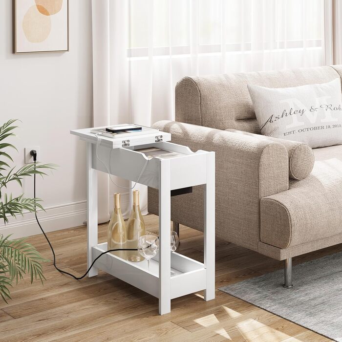 Приставний столик EUGAD, тумбочка з розеткою, столик для дивана, журнальний столик, маленький столик, консольний столик, розкладна стільниця, 3 полиці, для вітальні, спальні, кухні, білий, 0001CHJ