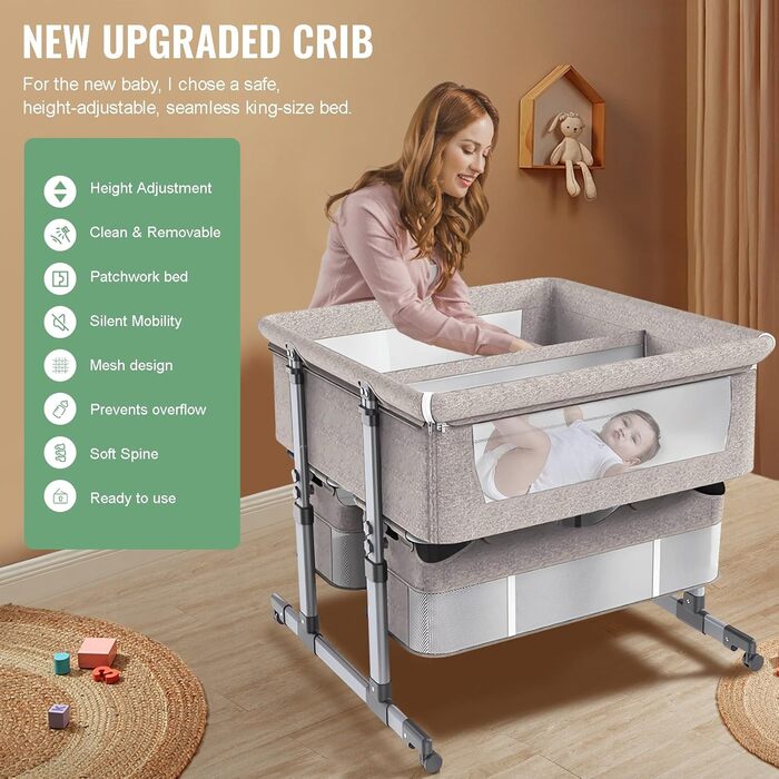 Односпальне ліжко для двох немовлят, дитяче ліжко для близнюків, колиска для близнюків, односпальне ліжко поруч зі мною, регульована висота в 6 напрямках, легко розкладне спальне ліжко, портативне дитяче ліжко кольору хакі