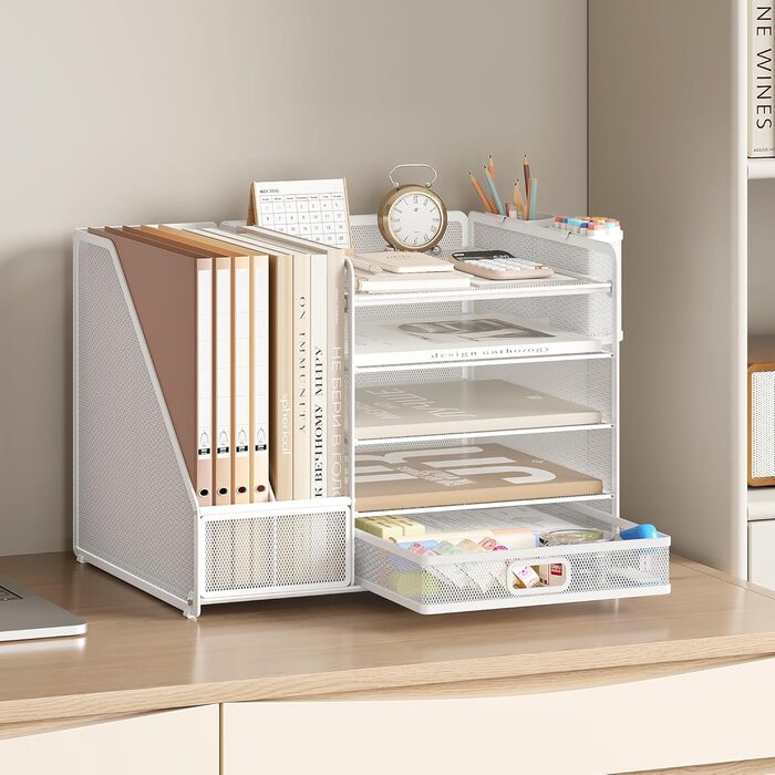 Органайзер для столу VITVITI, 5-ярусний лоток для листів з висувними шухлядами, тримач для файлів з 2 тримачами для ручок, офісний органайзер зі стоячими файлами, канцелярське приладдя для зберігання документів формату A4 (білий)