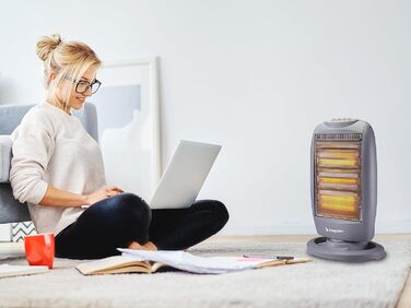 Галогенна нагрівальна панель BEPER P203PAN011, 400/800/1200 Вт, 3 нагрівальні елементи, 3 рівні потужності, автоматичне горизонтальне коливання, функція ECO та автоматичне вимкнення, сіра