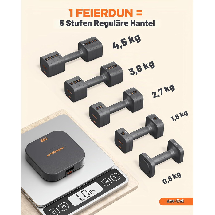 Набір розбірних гантелей FEIERDUN, 2 x 4,5 кг та 2 x 2,7 кг (2 x 10lb/4,5кг) Сірий