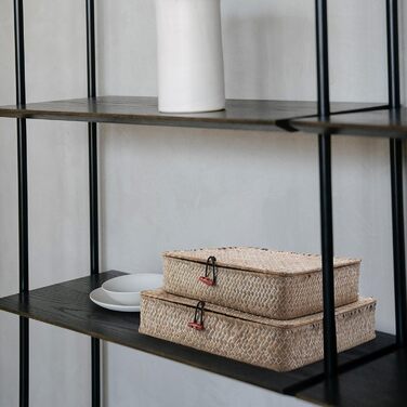 Прямокутний кошик для зберігання з ротанга, полиці з натуральної плетеної морської трави з кришками, 2 предмети (великий малий для білої білизни)