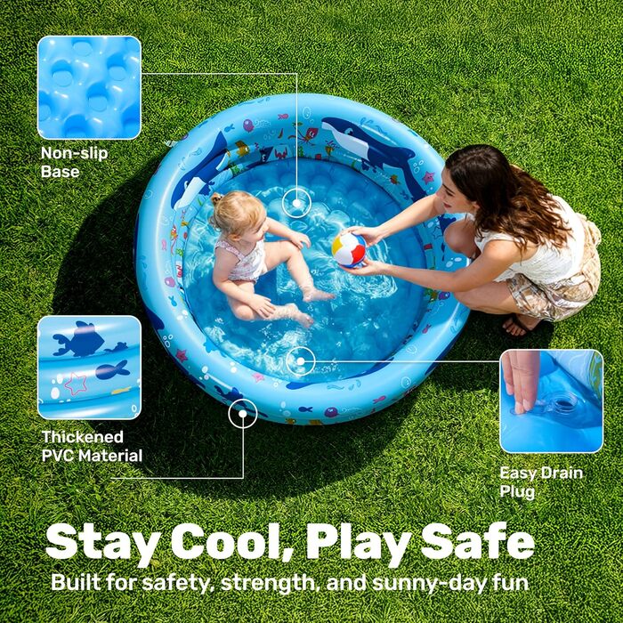 Надувний басейн SLOOSH 86 x 25 см, Дитячий басейн, 3 кільця, Надувна ванна, Надувний дитячий басейн, Басейн (Синій)
