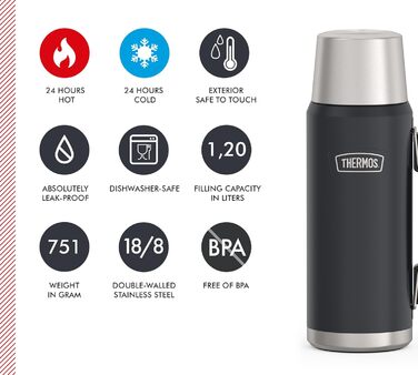 ТЕРМОС ICON ПЛЯШКА ДЛЯ НАПОЇВ 1,20 л, сірий/графітовий матовий, термос 1200 мл, ізольована пляшка з чашкою для пиття, термос з ручкою, зберігає напої гарячими/холодними протягом 24 годин, можна мити в посудомийній машині, герметичний, без BPA, 1200 мл, те