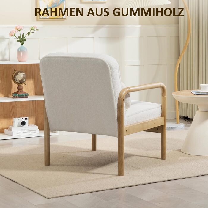 Крісло HOMCOM Крісло для вітальні з підлокітниками, дерев&39яні ніжки, велике та товсте сидіння, крісло-реклама Крісло для читання з декоративною подушкою, вигляд букле, м&39яке крісло для спальні білого кольору