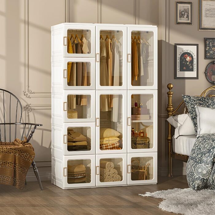 Складана шафа, 104x170x50 см, швидке складання, універсальна шафа з рейкою для одягу та магнітними дверцятами, ідеально підходить для спальні та вітальні, коричнева прозора панель дверей 104x50x170 см