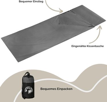 Ультралегкий (лише 225 г) підкладковий спальний мішок Backpacker&39s Journey виготовлений зі 100 бавовни. Гігієнічний спальний мішок без блискавки (без термоізоляції). Сірий. Ширина 85 см.