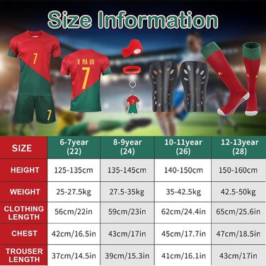 Футбольна форма для дітей, футбольна майка 7, футбольна футболка, шорти, футбольна форма для дітей із щитками для гомілок, шкарпетки та брелок для ключів для хлопчиків віком 8-9 років.