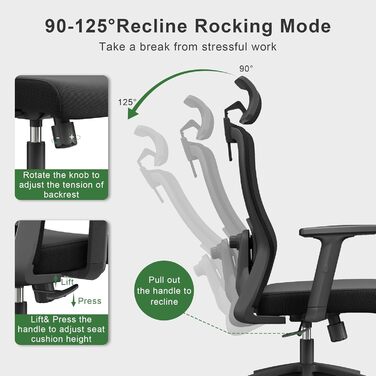 Ергономічне офісне крісло CALIYO Sammy, робоче крісло з регульованим підголівником, підлокітниками, поперековою опорою та функцією гойдання повітропроникне сітчасте поворотне крісло, ігрове крісло, офісне крісло 150 кг, чорне Sammy (чорне)