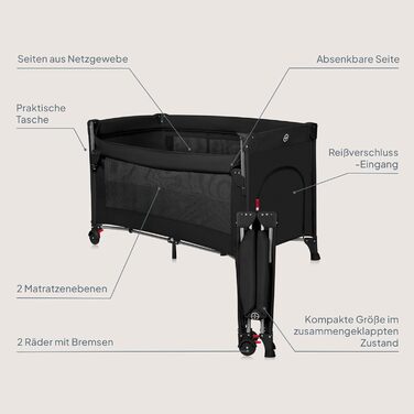 Дорожнє ліжечко Lionelo Ellen 3-в-1 для дітей від 0 до 3 років, приліжкове ліжечко для новонароджених та дітей старшого віку до 15 кг, 2 рівні висоти матраца, ремені кріплення, бічна блискавка, 2 колеса, сумка, чорний колір