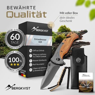 Складаний ніж BERGKVIST K39 (одноручний ніж) з лісової деревини для активного відпочинку та виживання - гострий кишеньковий ніж 3-