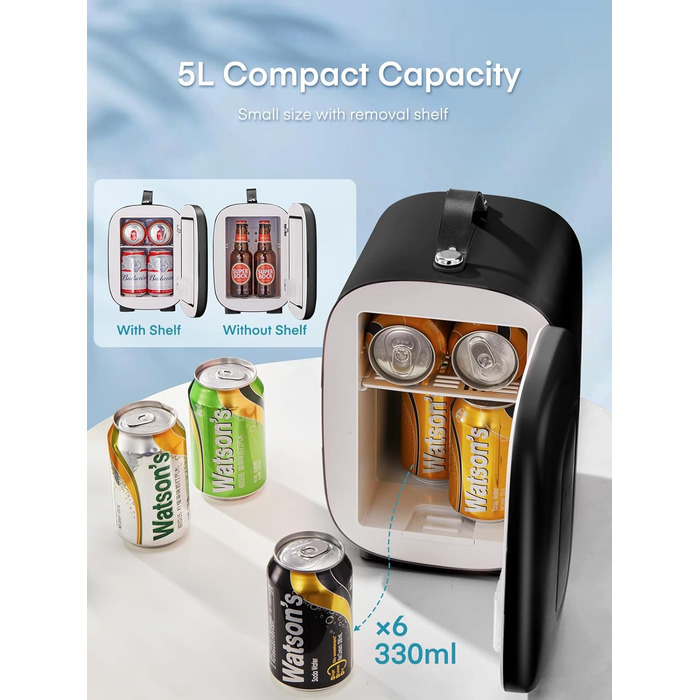 Міні-холодильник 5 літрів, 6 банок міні-холодильник 12В-220В, блок живлення USB для кімнати, догляду за шкірою, офісу або автомобі