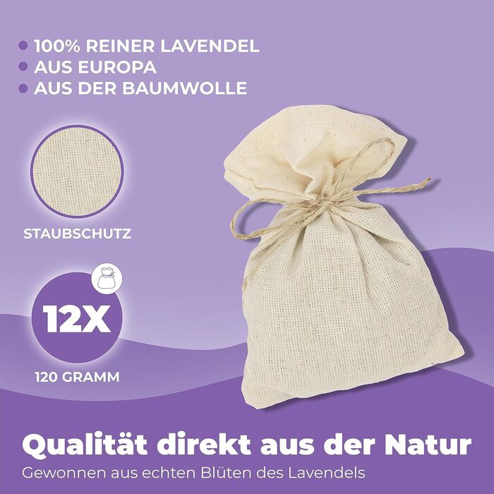 Бавовняних лавандових пакетиків, 120 г квітів лаванди, ефективний захист від молі для гардеробу з тривалим збереженням свіжості та захисту від пилу, 12