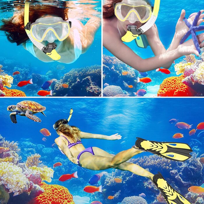 Набір для дорослого підводного плавання, 7 предметів спорядження для підводного плавання з маскою проти запотівання, ластами, сухою трубкою, водонепроникним чохлом для телефону, берушами та сумкою для перенесення, жовтий, S/M