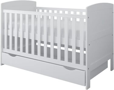 Дитяче ліжко/ліжечко Kids Collective 70x140 см з матрацом та шухлядою, трансформоване ліжечко, регульована висота Біле дитяче ліжко, зроблено в Європі, 70x140 см Від народження до 6 років, 70 x 140 см з шухлядою матрац, біле