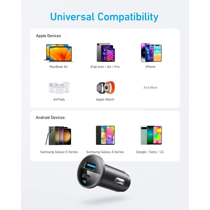 Автомобільний зарядний пристрій Anker USB C (52,5 Вт), зарядний пристрій для мобільних телефонів 323 12V для автомобіля / транспор