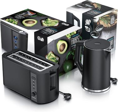 Чайник з тостером SET Нержавіюча сталь чорний, чайник 1,5 л 40 100C Тостер з функцією збереження тепла 4 скибочки LED-дисплей 6 градусів насадки для засмаги