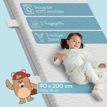 Дитяче ліжко Bellabino Aspy 90x200 см Двоярусне ліжко з матрацом, поручнями та рейковою основою Ліжко середнього класу з драбиною з масиву сосни білого/натурального кольору Дитяче ліжко для хлопчиків та дівчаток з білим матрацом Без шухляд