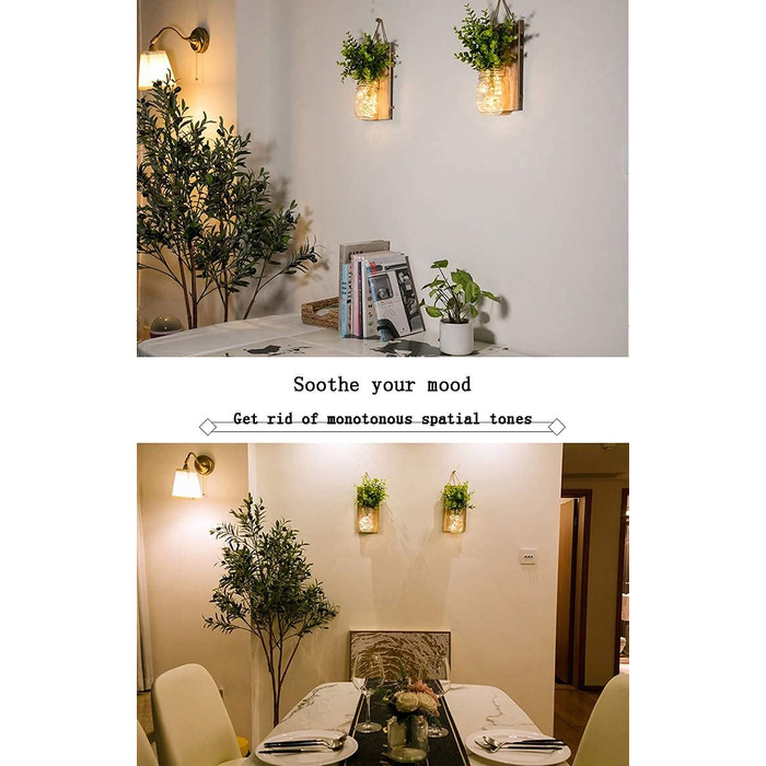 Сільське оздоблення стін, струнні ліхтарі в банку, зелена підроблена рослина, дерев'яне оздоблення вітальні з, теплі білі садові п