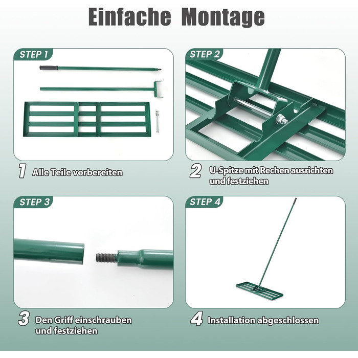 Грабля-рівнялка для газону з ергономічною ручкою 170 см, металеві граблі преміум-класу для догляду за газоном (91 см x 25 см), зелені