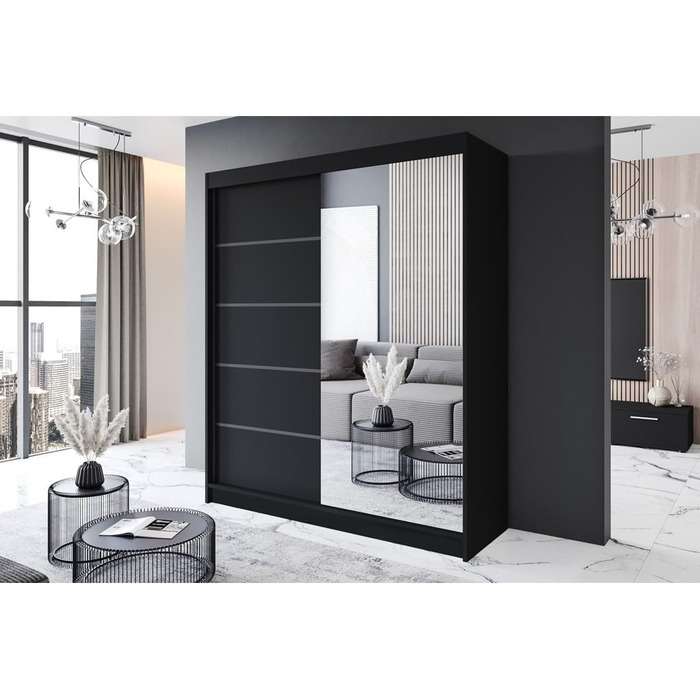 Шафа-купе з розсувними дверима чорного кольору 180x215x58 см з дзеркалом - Меблі для спальні, Місця для зберігання - Універсальна шафа, 3
