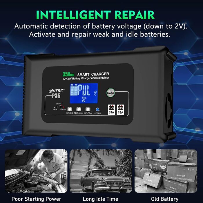 Автомобільний зарядний пристрій Haisito 12V/24V 35A, інтелектуальний швидкий зарядний пристрій автомобільний, автомобільний мотоци