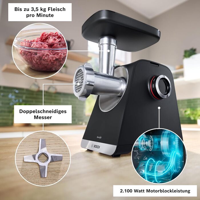 Електрична м'ясорубка Bosch MultiPower Serie 6 MFWS660B, 2100 Вт, нержавіюча сталь, 3 диски (3, 4.5, 8 мм), насадки для ковбас, кеббе та тертя, соковижималка, чорна