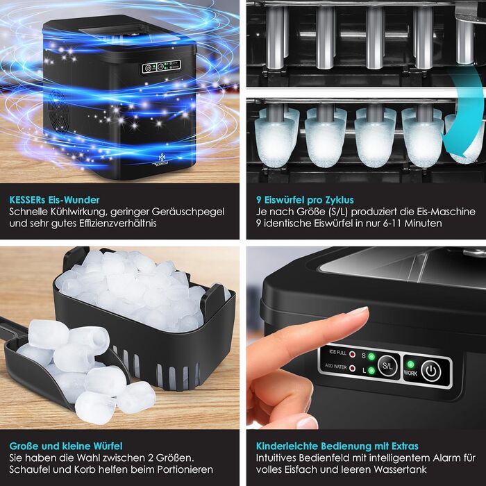 Льодогенератор KESSER Машина для виробництва кубиків льоду з нержавіючої сталі Льодогенератор 12 кг 24 год Приготування за 7 хв Резервуар для води об'ємом 2,2 літра 2 розміри кубиків льоду Світлодіодний дисплей Функція самоочищення Чорний