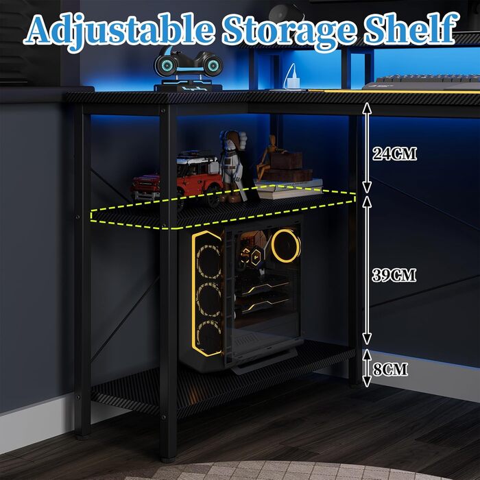 Г-подібний стіл Grandder 100x50 см зі світлодіодним освітленням та розетками, ігровий стіл з 2 полицями, комп&39ютерний стіл з підставкою для монітора, робоча станція для домашнього офісу, чорний 100 x 70 см, чорний колір під карбон