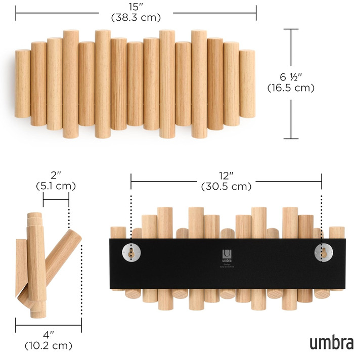 Вішалка Umbra Picket - Вішалка та сучасна прикраса для стін з 5 відкидними гачками, виготовленими з шліфованої сосни, натуральної