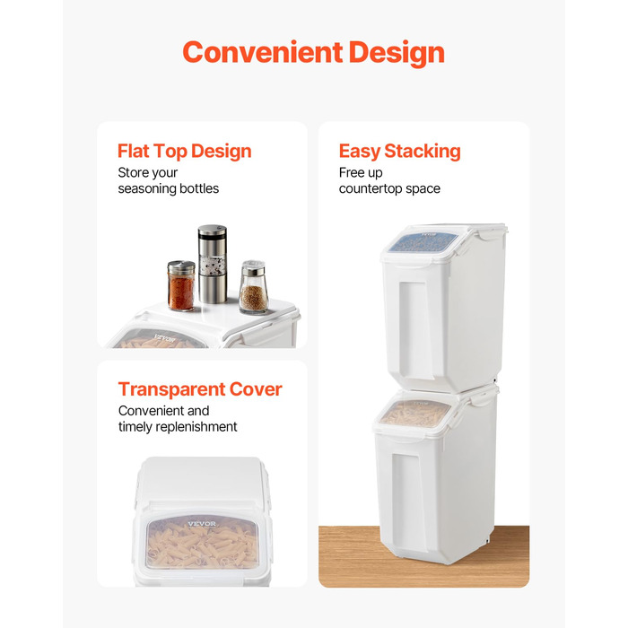 Контейнери для зберігання продуктів VEVOR, 2 шт. Дозатори для сухого корму, 2 x 20 л контейнери для круп, борошна, цукру, мюслі та інших кухонних інгредієнтів, герметичні контейнери для корму для тварин з коліщатками та мірною склянкою.