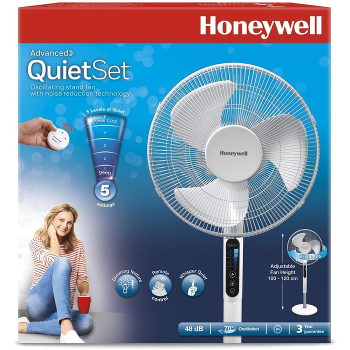 Вентилятор на п'єдесталі Honeywell Advanced QuietSet (5 налаштувань швидкості, функція таймера, коливання 70, регулювання висоти,