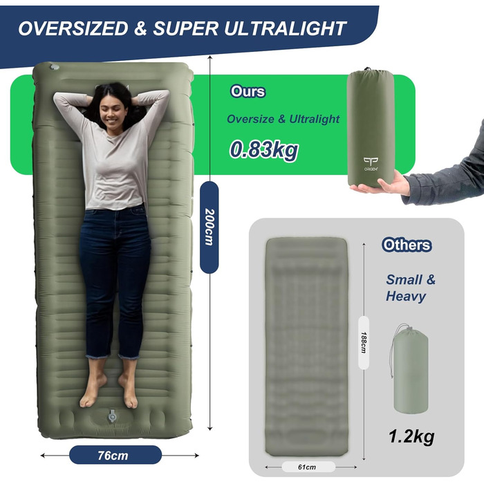 Килимок для кемпінгу Origem, надлегкий надувний килимок для сну 14 см, невеликий розмір упаковки, надувний матрац для ніг для використання на вулиці з ножним насосом, армійський зелений