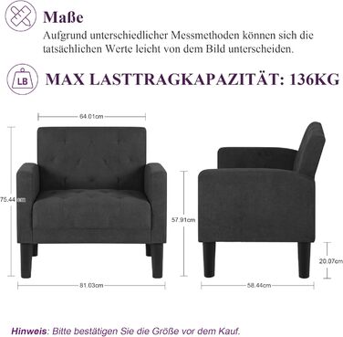 Крісло GRAVFORCE з м&39якою спинкою, зручне та сучасне м&39яке крісло для вітальні, спальні, офісу, крісло для відпочинку, крісло для клубу, вантажопідйомність 136 кг, темно-сіре