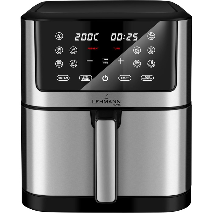 Фритюрниця Lehmann LHODF-1880 8 л XXL, фритюрниця 1800 Вт з 10 програмами, фритюрниця без олії до 200C, фритюрниця з таймером, сенсорним екраном і функцією зневоднення